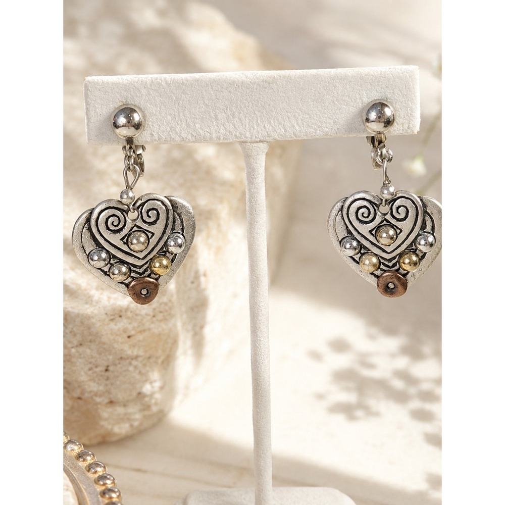 Chico's Heart Dangle Clip On Earrings Mixed Metal Silver Gold Copper Boho